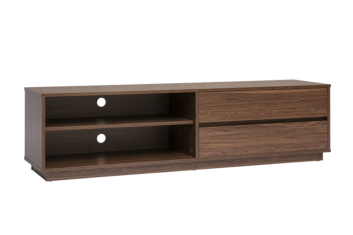 Mobile TV in noce scuro con due cassetti e due nicchie aperte, vista da 3/4.