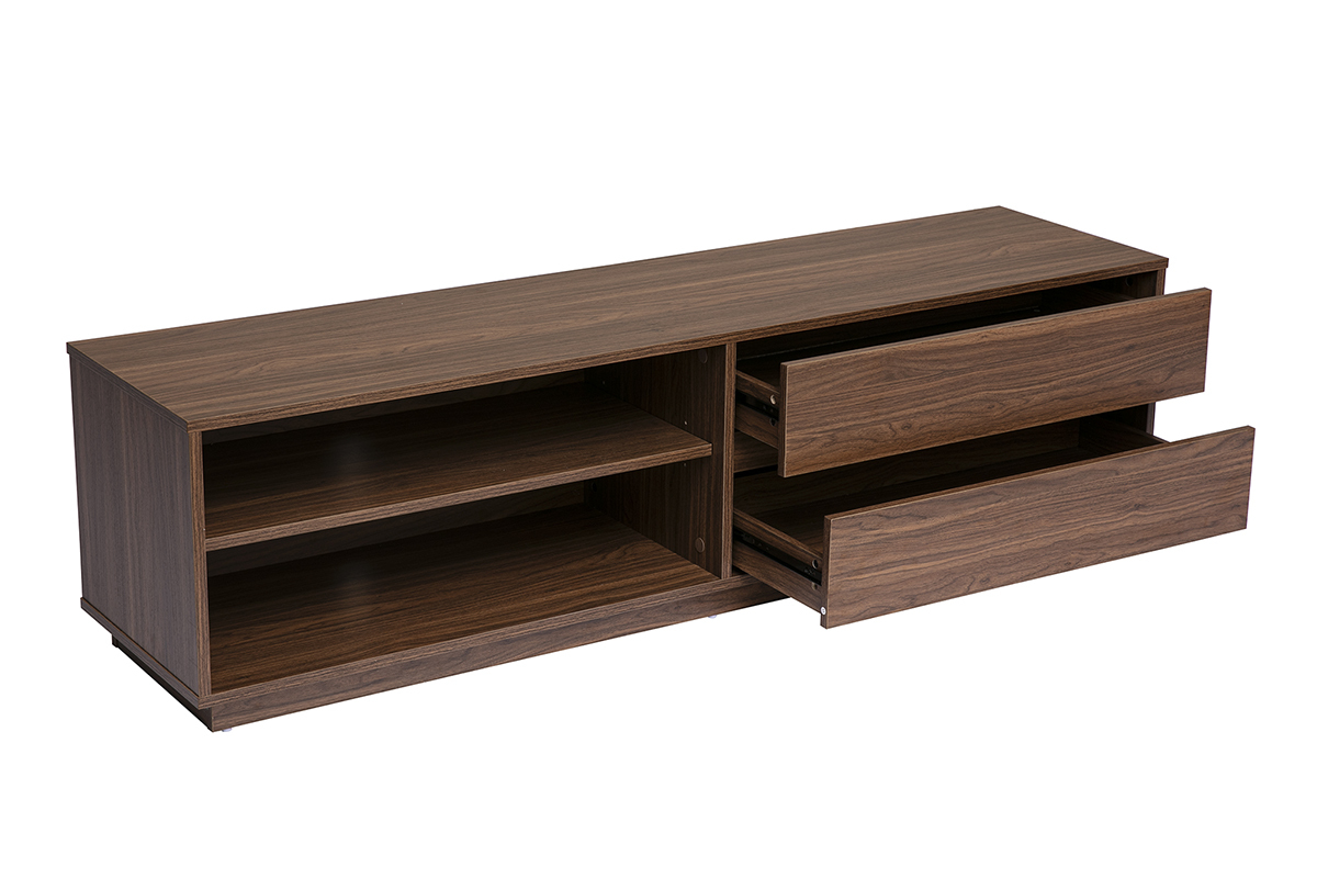 Mobile TV in noce scuro, 2 cassetti aperti, 2 vani, vista da 3/4.