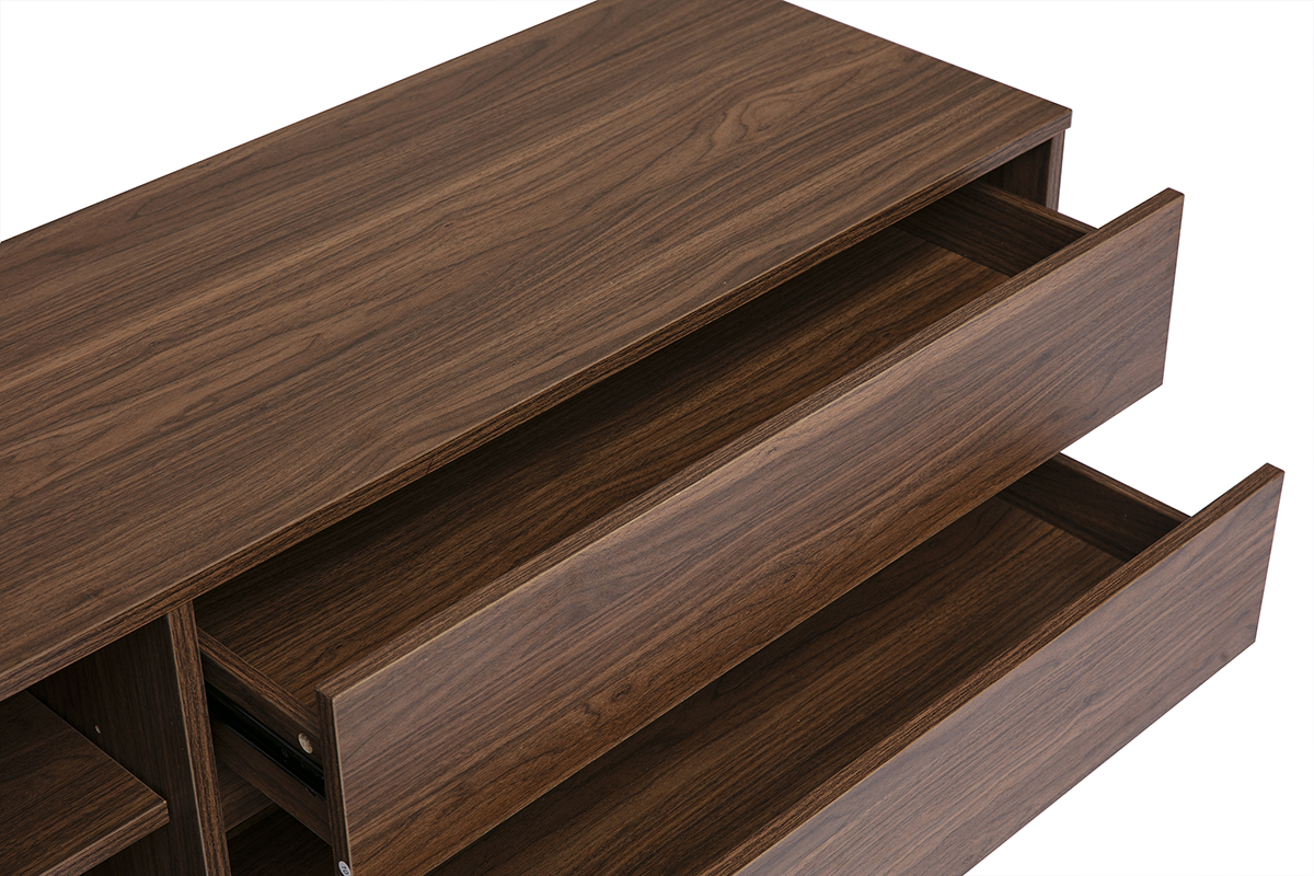 Mobile porta TV in legno scuro con due cassetti aperti, vista ad angolo.