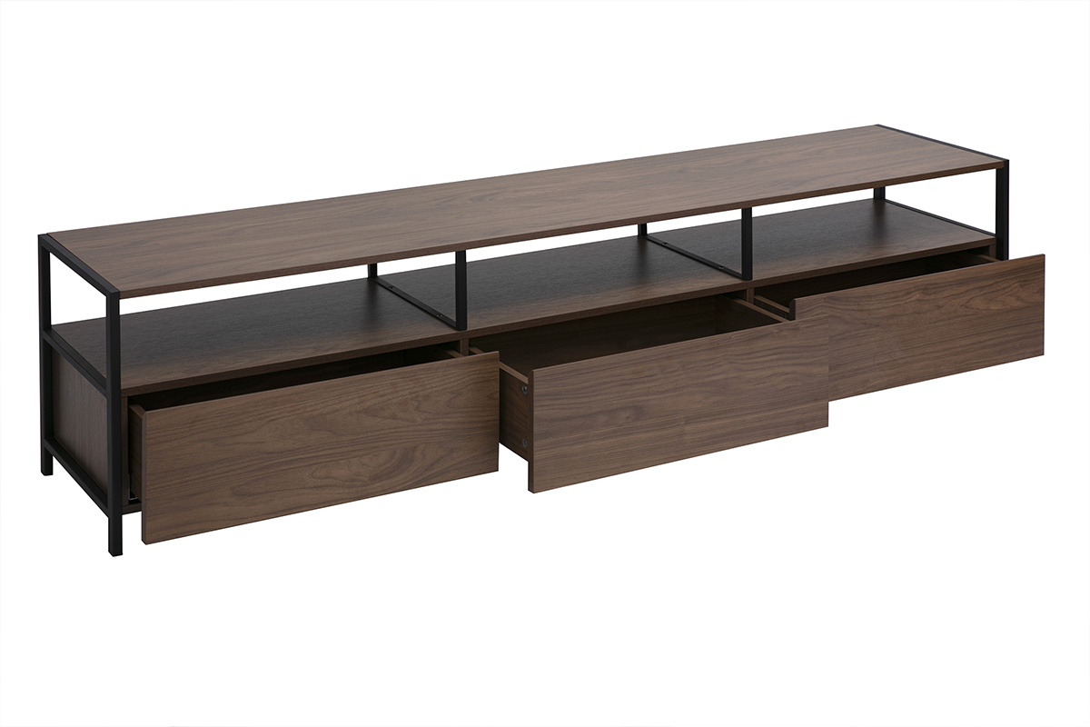 Mobile TV in legno scuro e metallo nero con cassetti aperti, vista da 3/4.