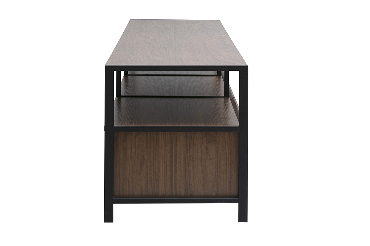 Mobile TV MAXENCE vista laterale, struttura in legno scuro e metallo nero.