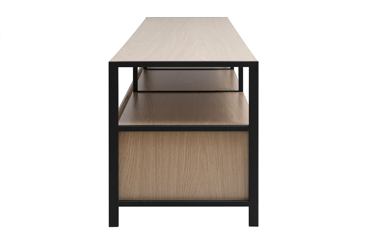 Vista laterale del mobile TV in finitura legno chiaro e metallo nero, con struttura aperta.