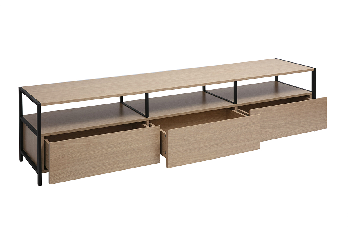 Mobile TV in rovere chiaro con telaio in metallo nero, cassetti aperti, vista da 3/4.