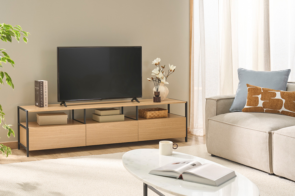 Mobile TV in finitura legno chiaro quercia e metallo nero L180 cm MAXENCE