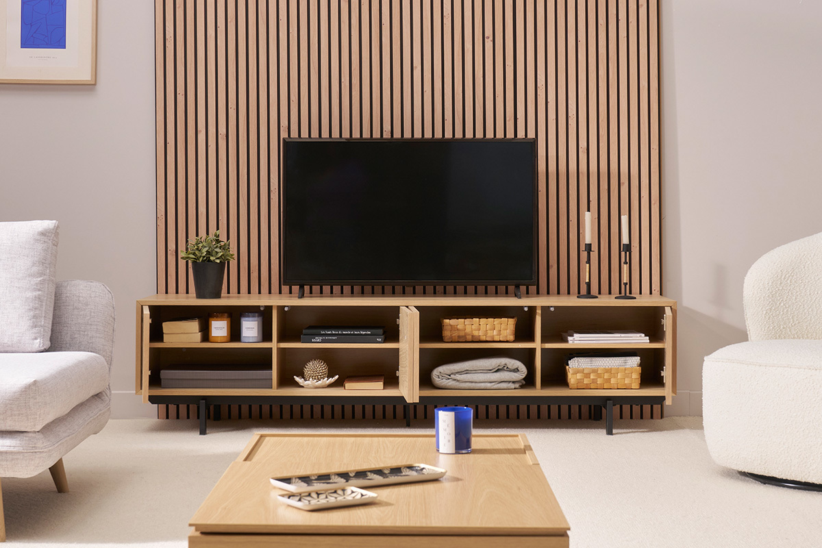 Mobile TV in finitura legno quercia e metallo nero L200 cm MANNY