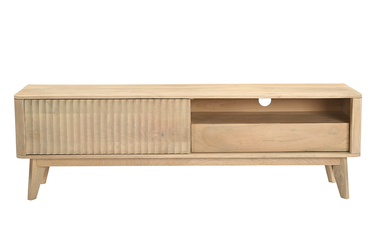 Mobile TV in legno chiaro di mango massiccio con porta scorrevole, vista frontale, L160 cm
