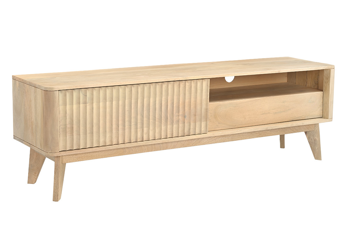 Mobile TV in legno chiaro di mango massello con porta scorrevole, vista angolare