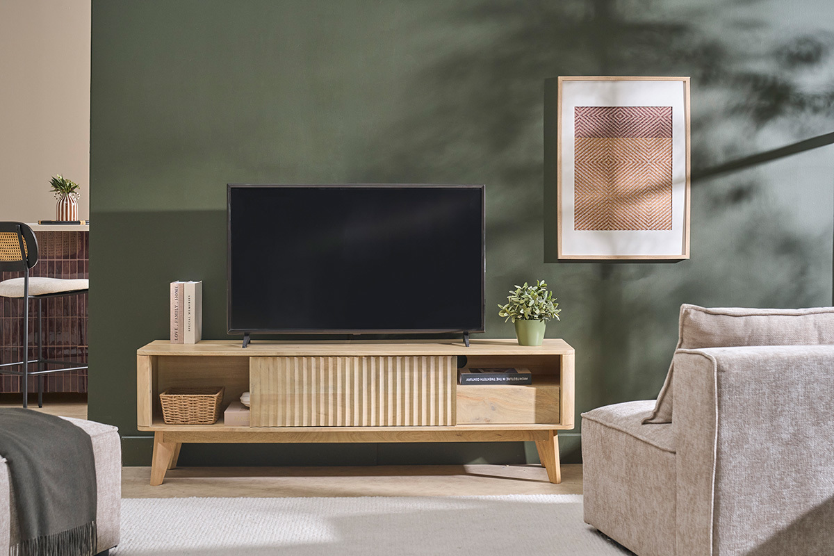 Mobile TV in legno chiaro di mango massiccio con porta scorrevole L160 cm ALDA