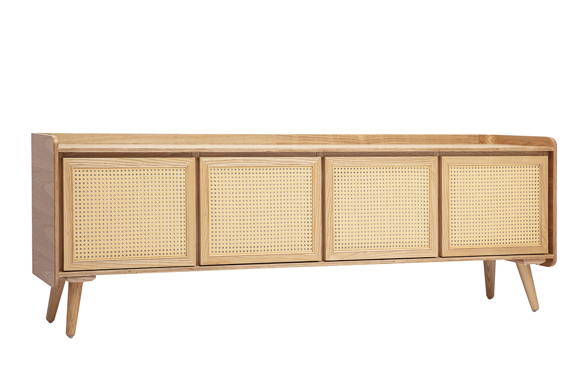 Mobile TV in legno chiaro frassino con frontali in intreccio di rattan, vista a 3/4