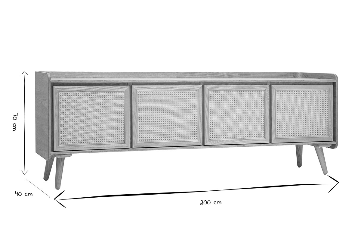 Dimensioni del mobile TV ELSY: L200 cm, H70 cm, P40 cm in bianco e nero.