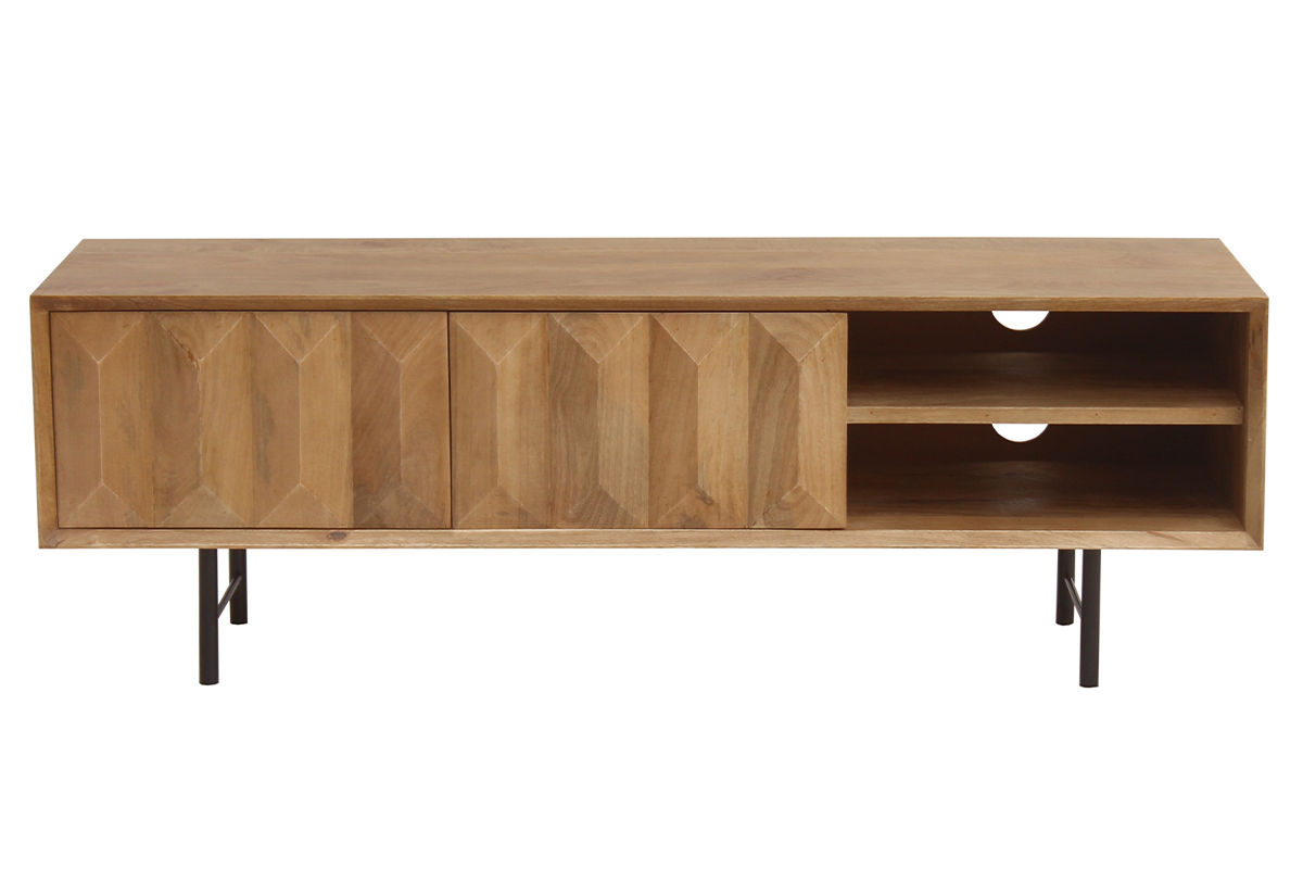Mobile TV in legno chiaro massello di mango con incisioni e metallo nero L120 cm AGRA
