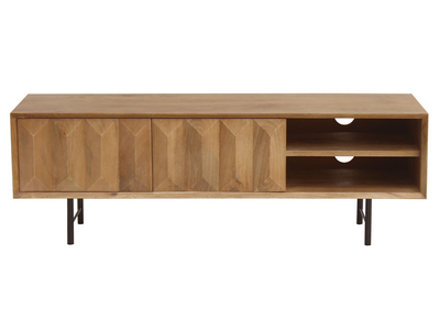 Mobile TV in legno chiaro massello di mango con incisioni e metallo nero L120 cm AGRA