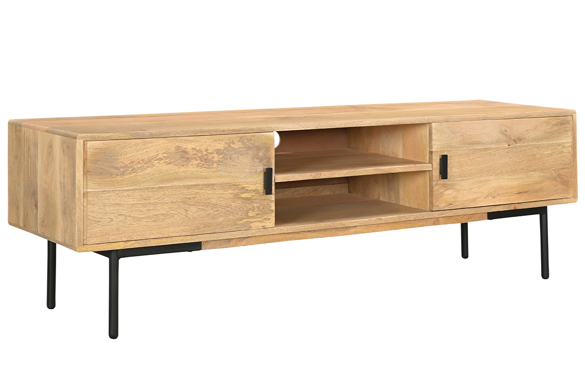 Mobile TV in legno chiaro massello di mango e metallo nero L165 cm JUDE
