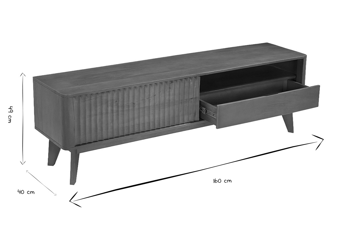 Dimensioni del mobile TV in bianco e nero: 160 cm di lunghezza, 40 cm di altezza.