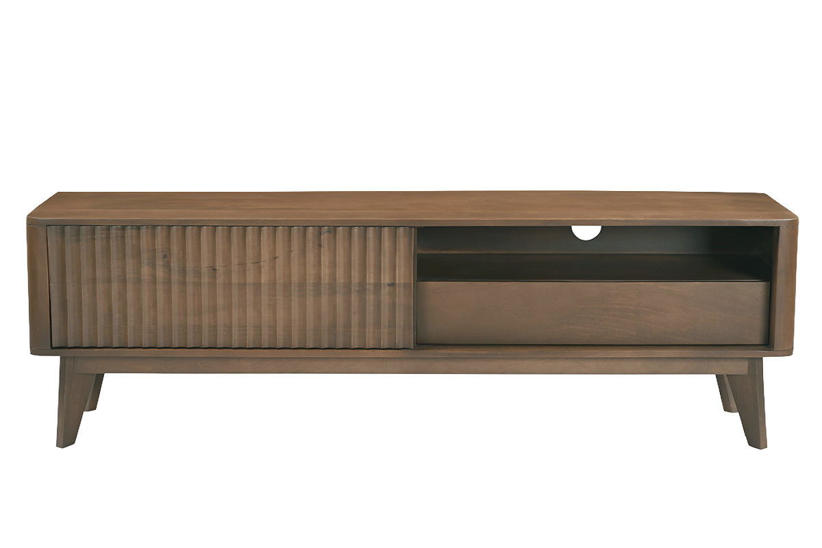 Mobile TV in legno massello di mango scuro con porta scorrevole, vista frontale