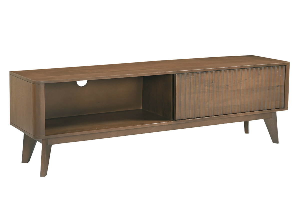 Mobile TV in legno scuro di mango massiccio con porta scorrevole vista a 3/4, L160 cm