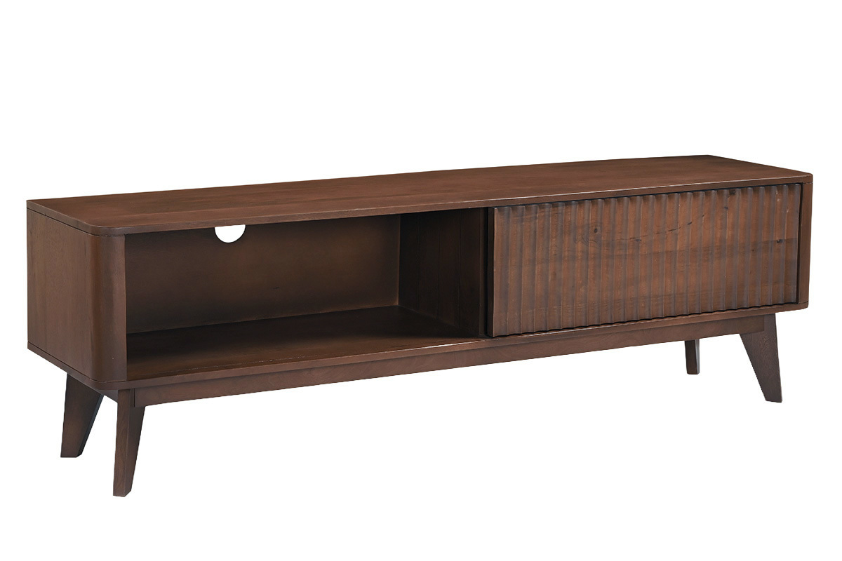 Mobile TV in legno di mango massiccio scuro con porta scorrevole, visto in 3/4, lunghezza 160 cm