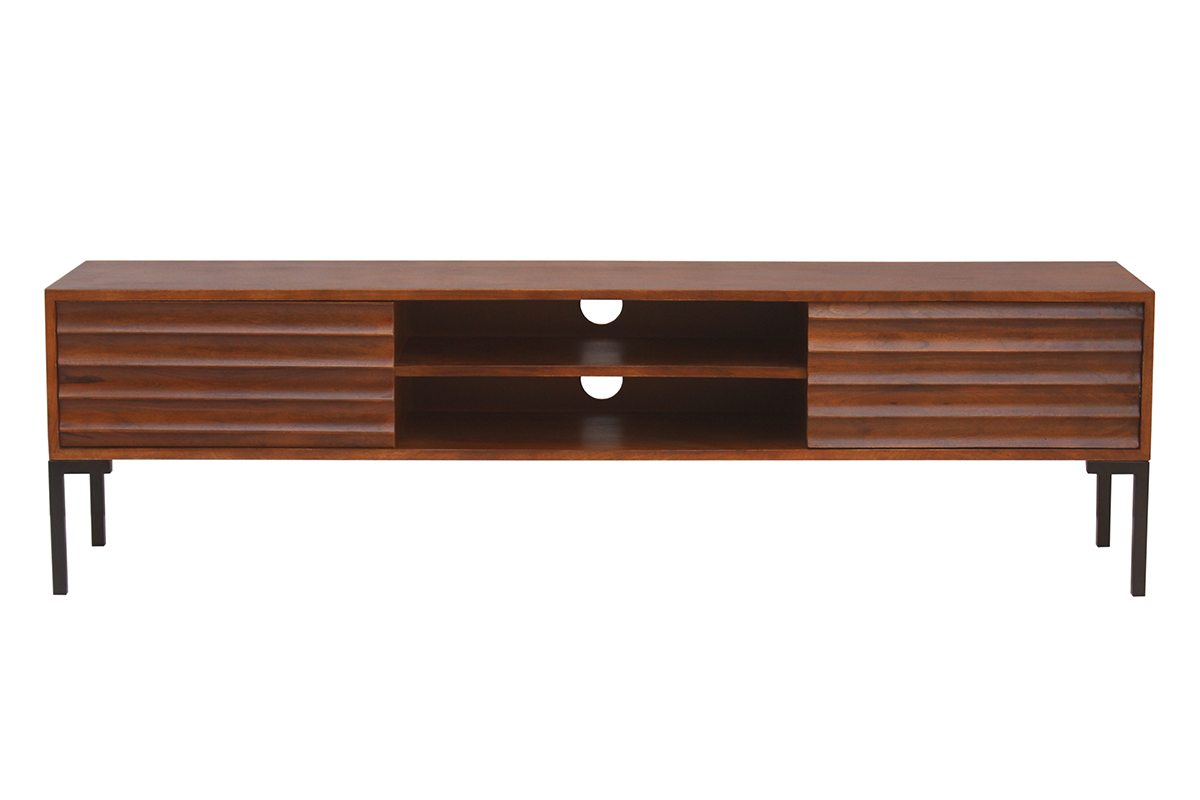 Mobile TV in legno scuro massello di mango e metallo nero 2 ante L160 cm ONDA