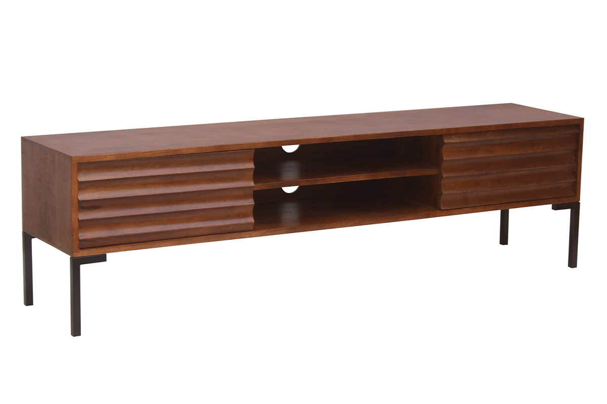 Mobile TV in legno scuro massello di mango e metallo nero 2 ante L160 cm ONDA