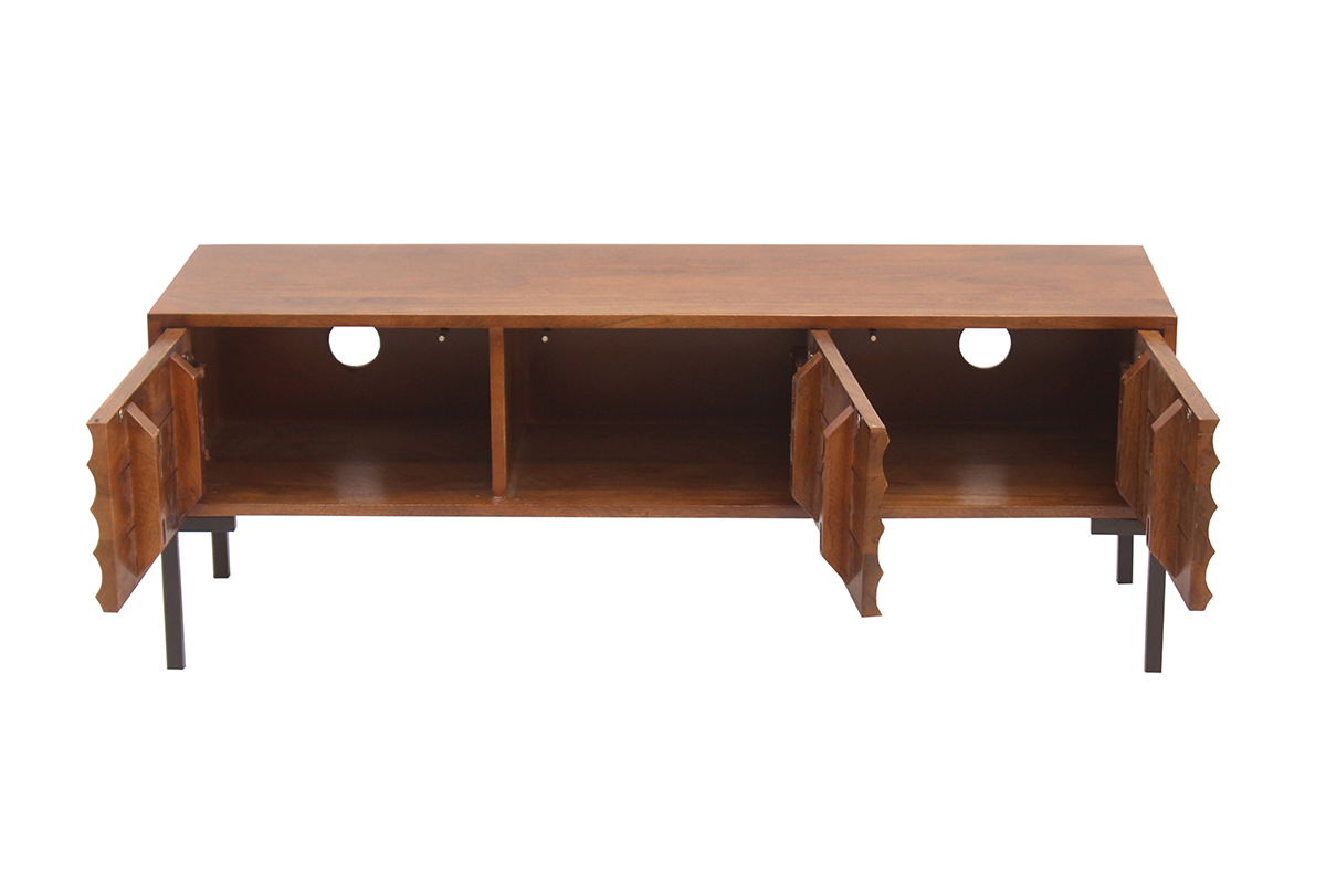 Mobile TV in legno scuro massello di mango e metallo nero 3 ante L120 cm ONDA