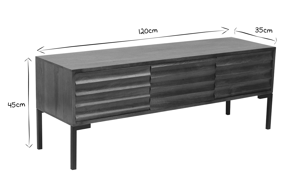 Mobile TV in legno scuro massello di mango e metallo nero 3 ante L120 cm ONDA