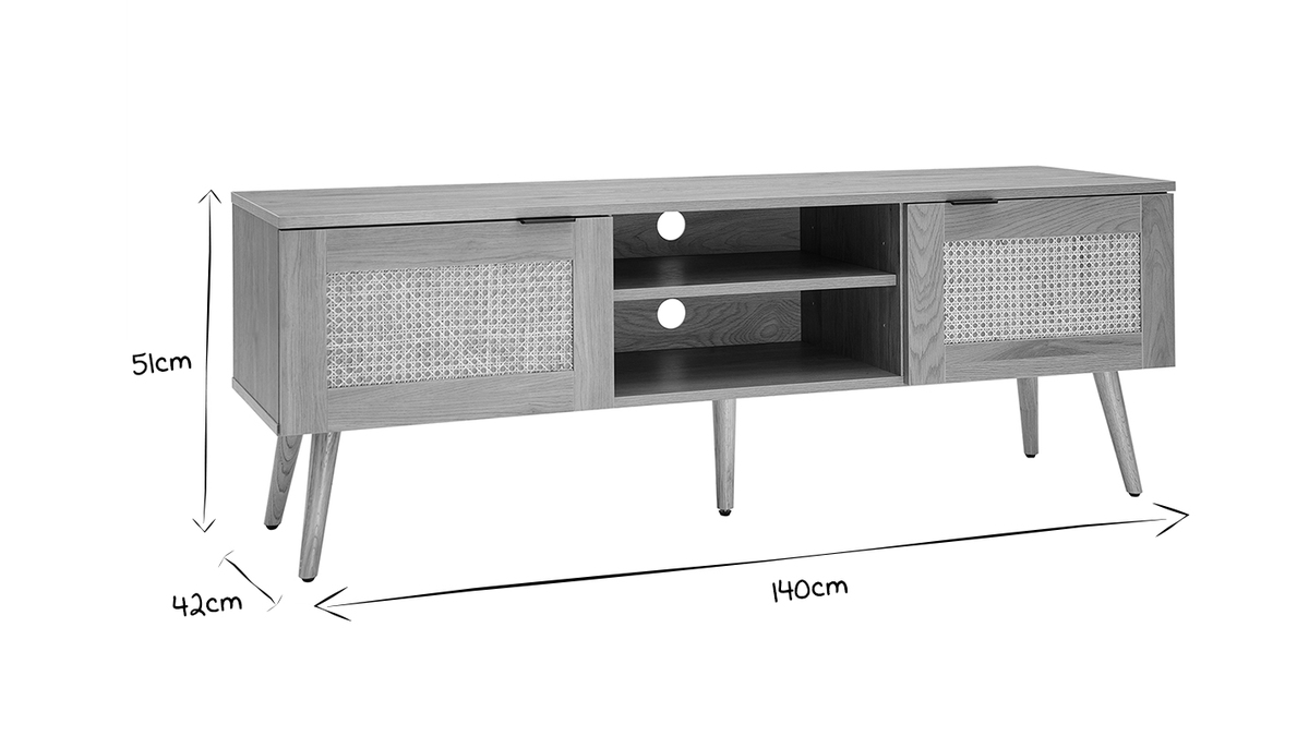 Mobile TV legno chiaro, motivo a intreccio rattan e metallo nero 2 ante L140 cm MANILLE