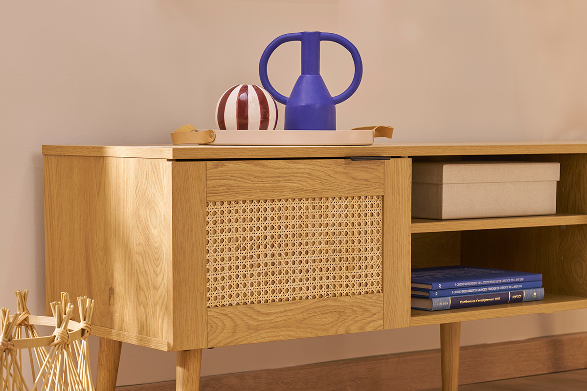 Mobile TV legno chiaro, motivo a intreccio rattan e metallo nero 2 ante L140 cm MANILLE