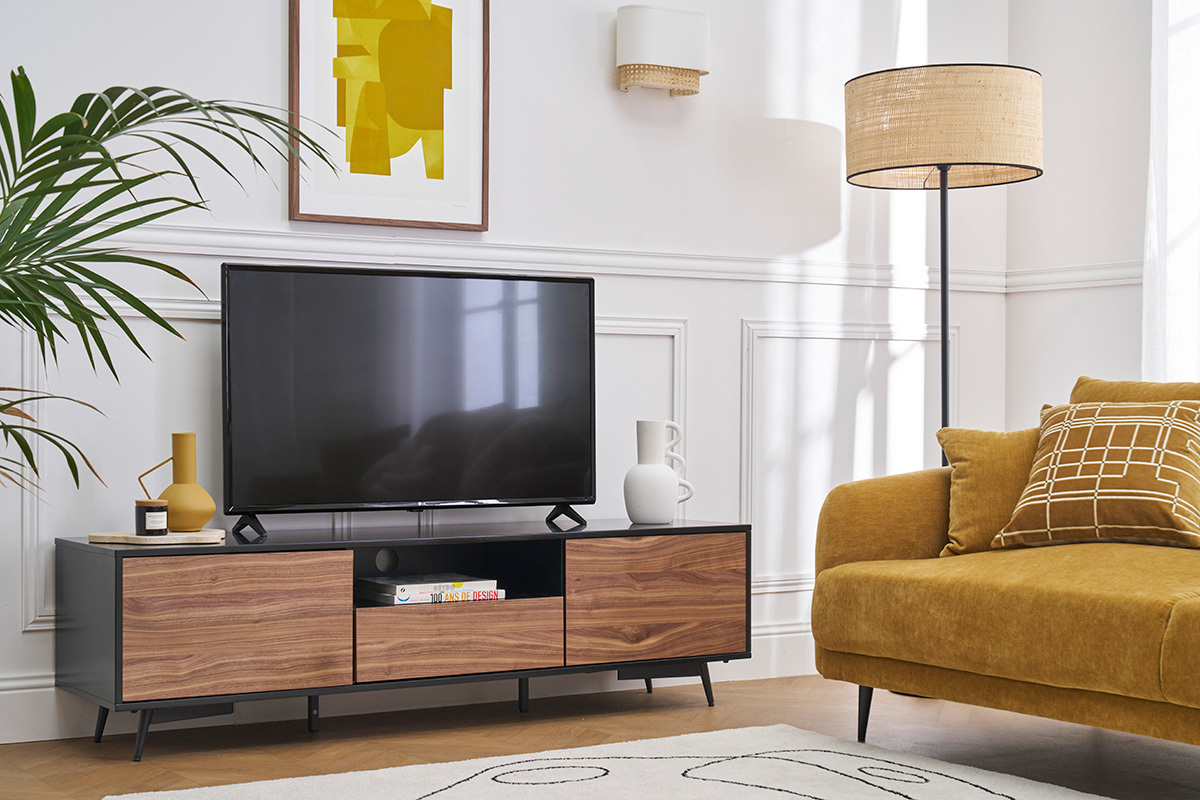 Mobile TV nero opaco e impiallacciatura noce con 2 ante e 1 cassetto L160 cm MERMOZ
