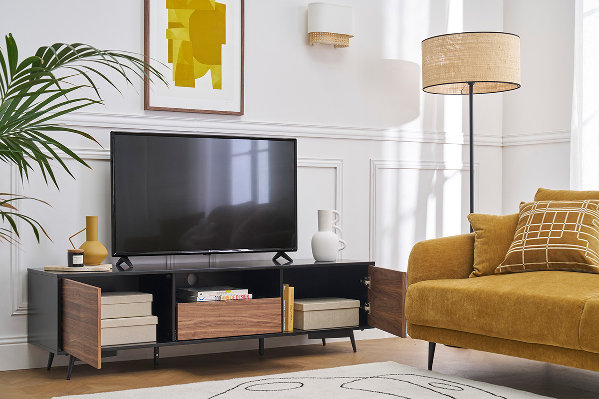 Mobile TV nero opaco e impiallacciatura noce con 2 ante e 1 cassetto L160 cm MERMOZ