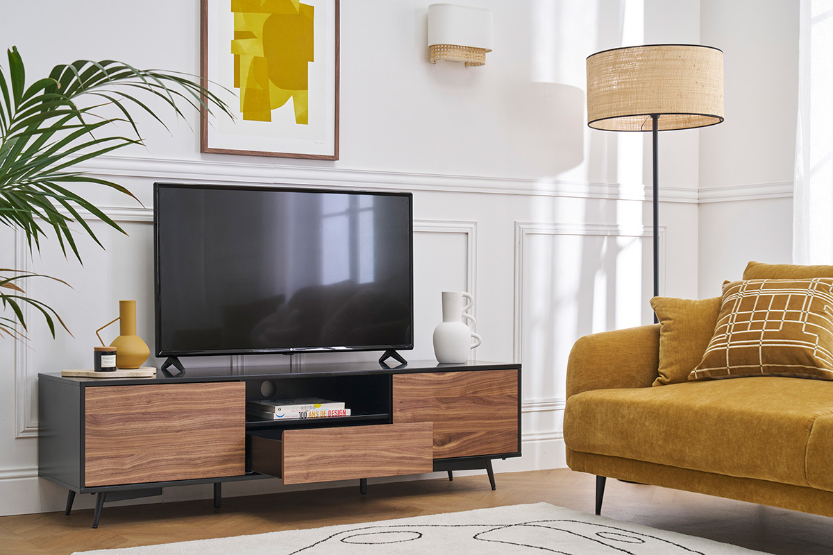 Mobile TV nero opaco e impiallacciatura noce con 2 ante e 1 cassetto L160 cm MERMOZ