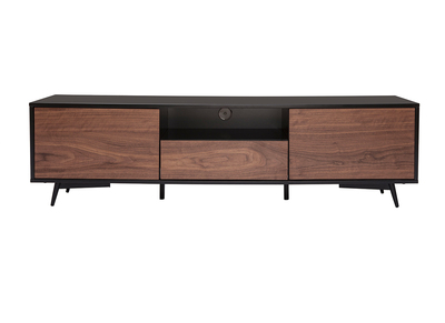 Mobile TV nero opaco e impiallacciatura noce con 2 ante e 1 cassetto L160 cm MERMOZ