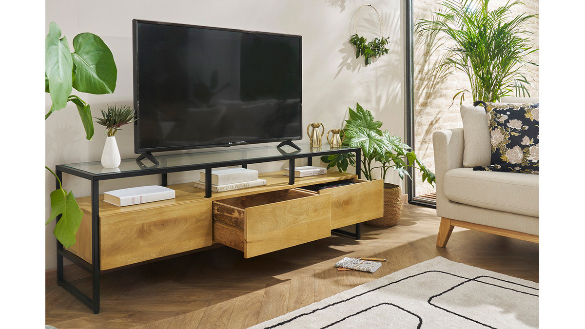 Mobile TV rettangolare con ripiani in legno massello di mango, vetro e metallo nero L150 cm DIYA
