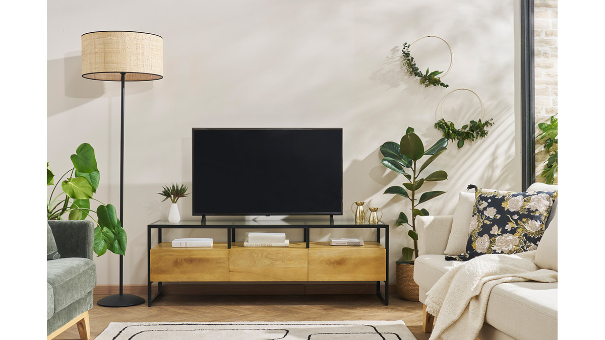 Mobile TV rettangolare con ripiani in legno massello di mango, vetro e metallo nero L150 cm DIYA