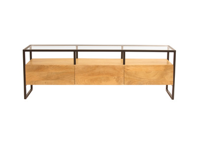 Mobile TV rettangolare con ripiani in legno massello di mango, vetro e metallo nero L150 cm DIYA