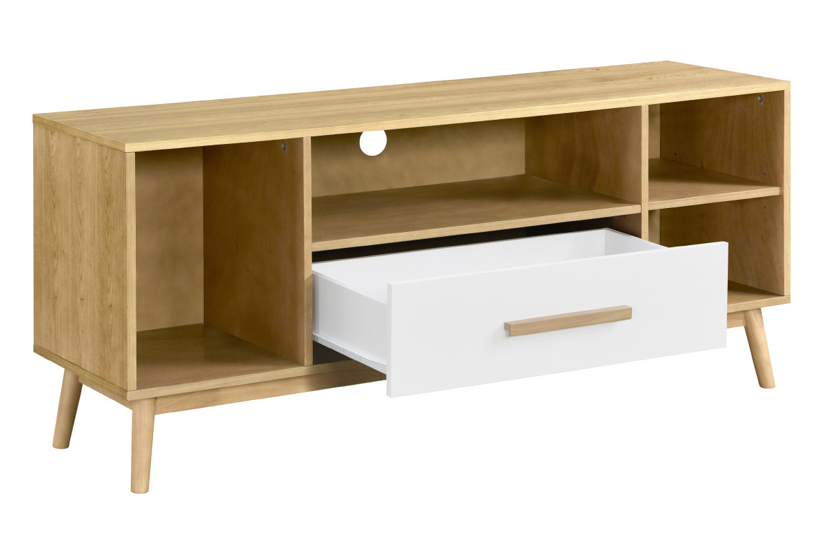 Mobile TV scandinavo a 1 cassetto in legno chiaro e bianco TALIA