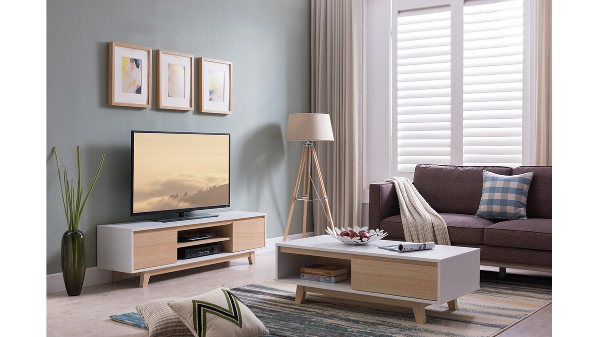 Mobile TV scandinavo bianco brillante e legno LAHTI