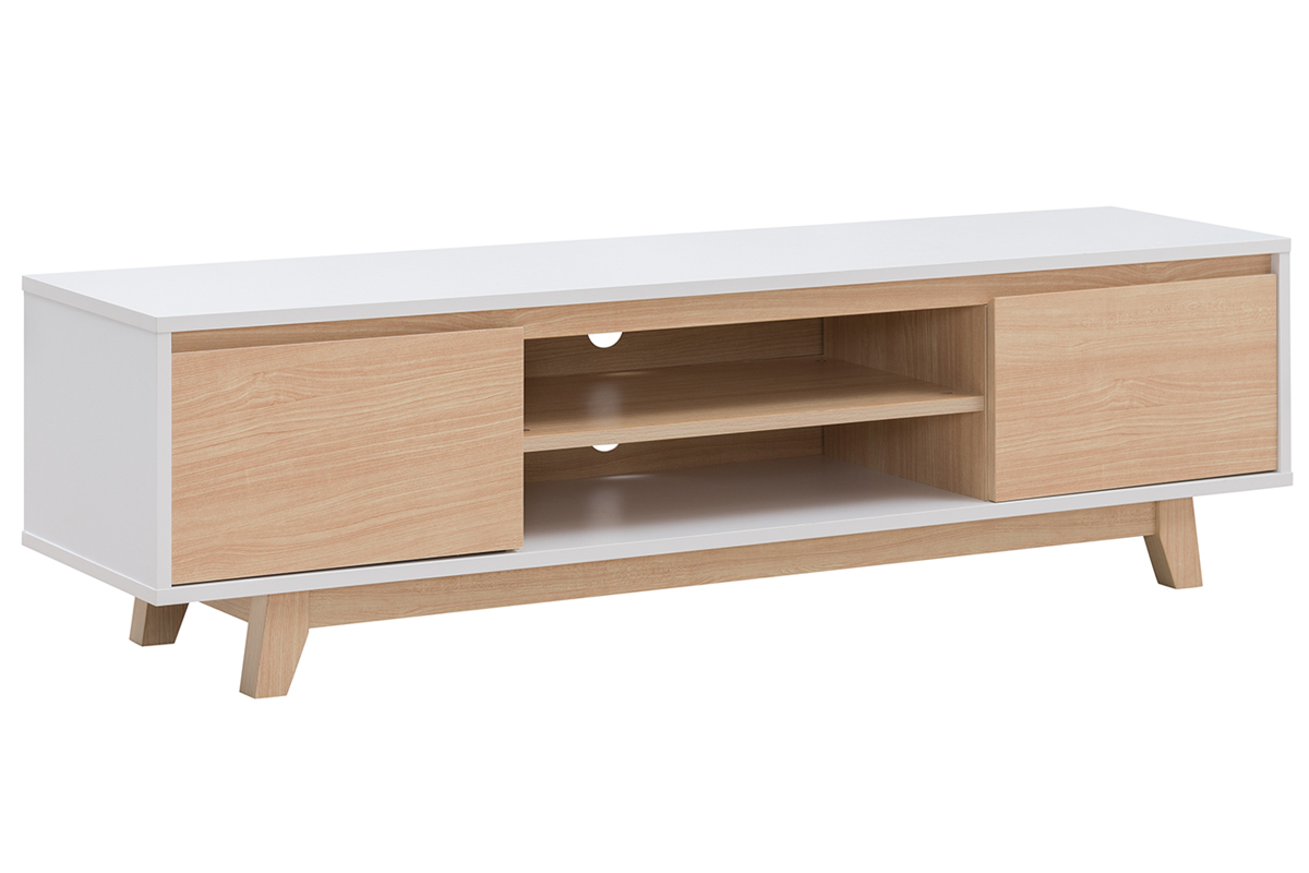 Mobile TV scandinavo bianco brillante e legno LAHTI