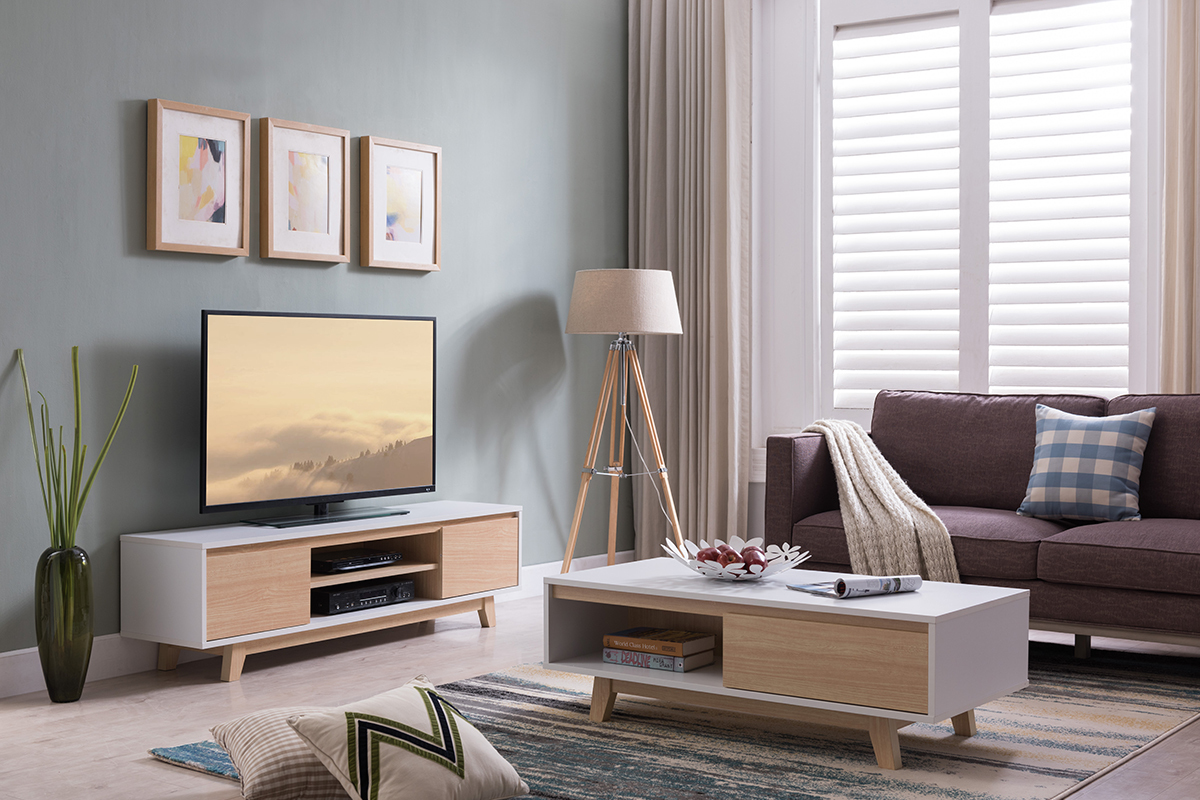 Mobile TV scandinavo bianco brillante e legno LAHTI