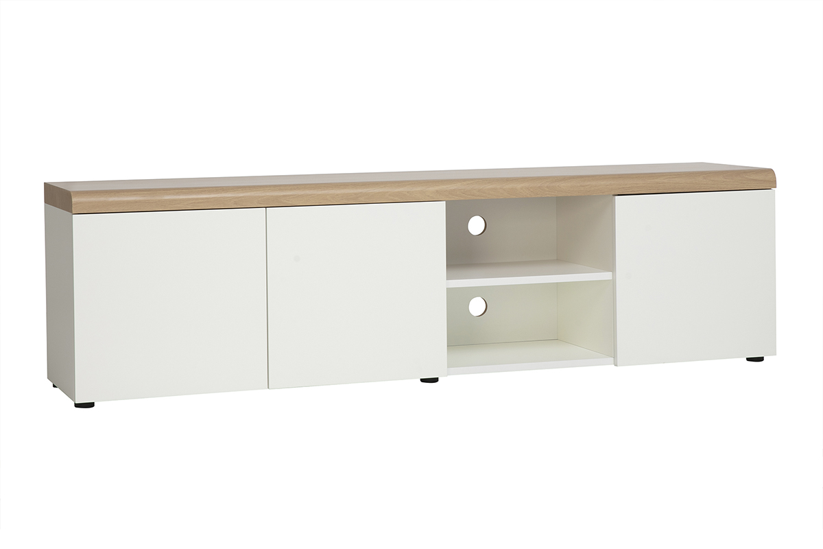 Mobile TV scandinavo bianco con finitura in legno chiaro, vista a 3/4, L180 cm, con vani contenitori.