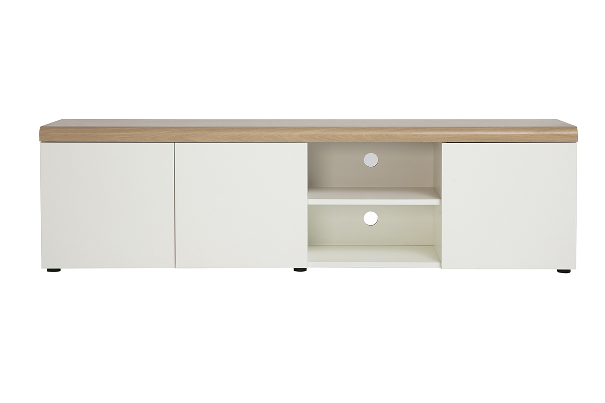 Mobile TV scandinavo bianco con finitura in legno chiaro, 180 cm, vista frontale.