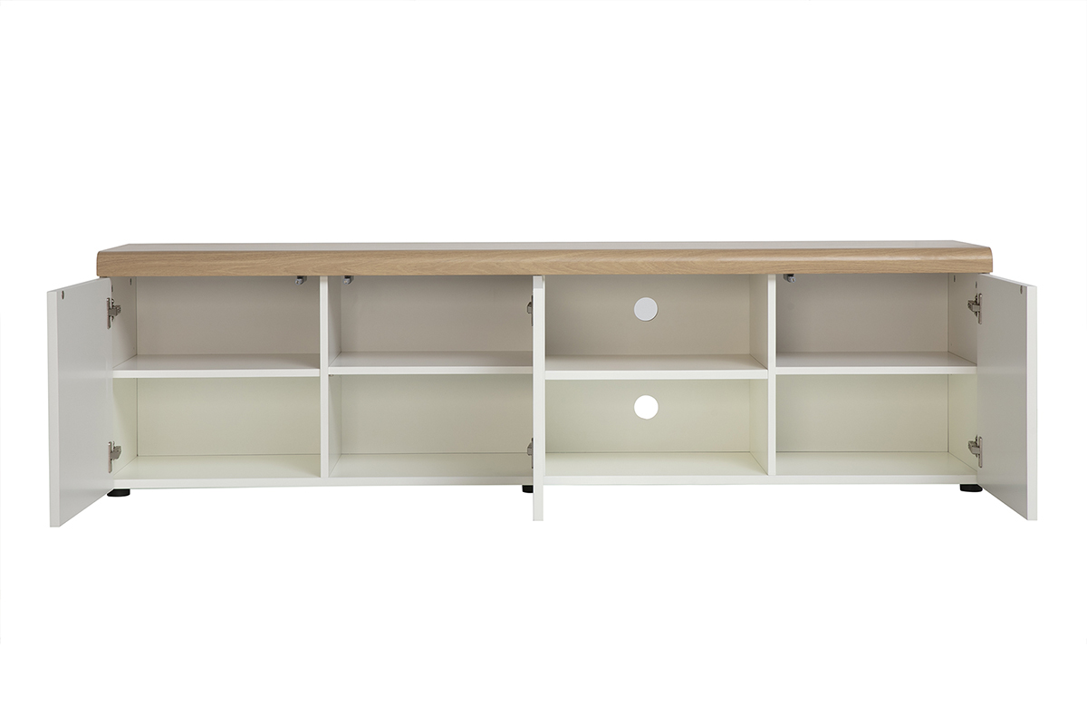 Mobile TV scandinavo bianco con finitura in legno chiaro, vista frontale, con vani aperti e chiusi.
