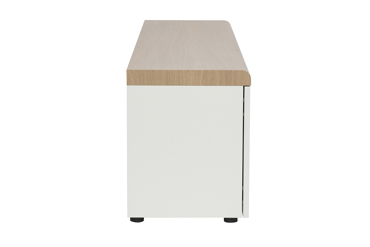 Mobile TV scandinavo bianco con finitura in legno chiaro, vista laterale.