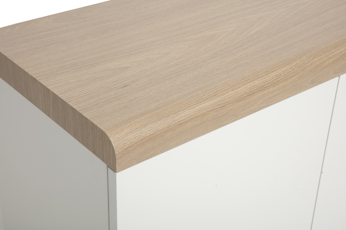 Vassoio in legno chiaro con bordo arrotondato del mobile TV scandinavo bianco LEANA.