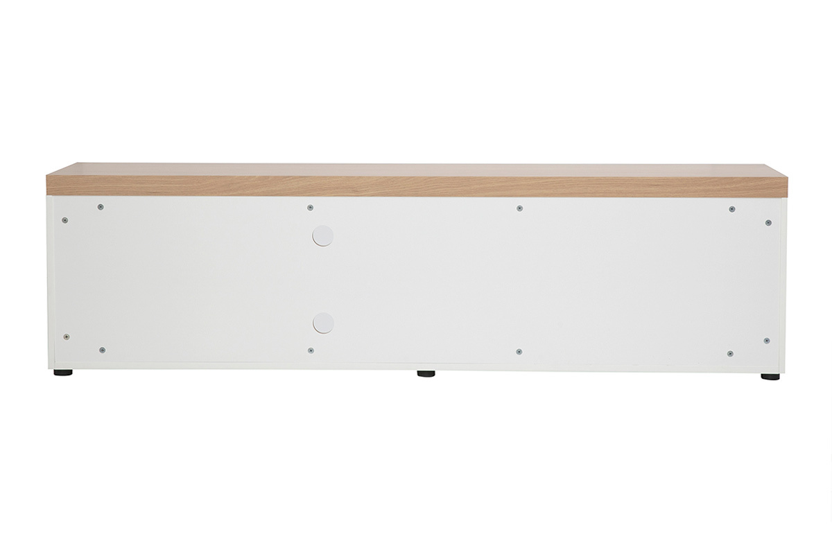 Mobile TV scandinavo bianco e legno chiaro, vista posteriore, con tre ante e una nicchia centrale.