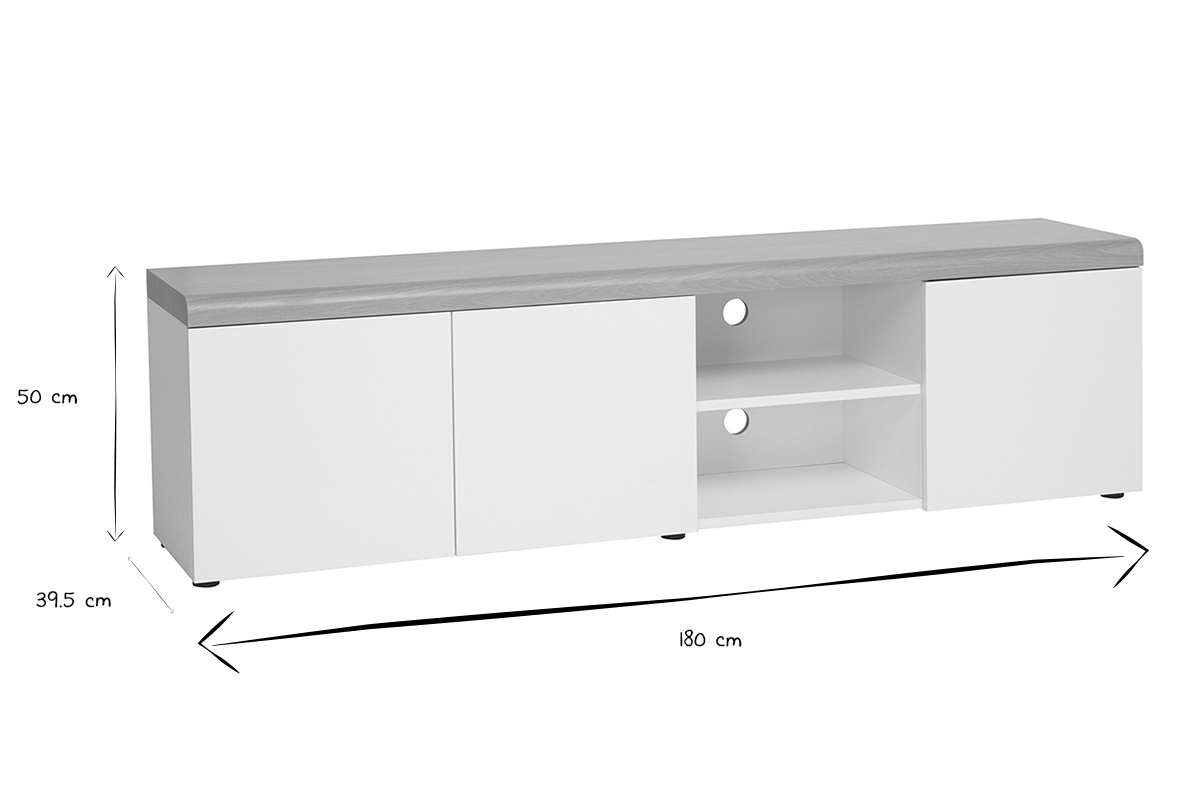 Dimensioni del mobile TV scandinavo LEANA in bianco e nero: L180 cm, H50 cm, P39.5 cm.