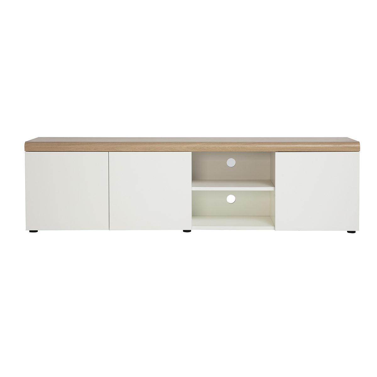 Mobile TV scandinavo bianco con finitura legno chiaro e vani contenitore L180 cm LEANA