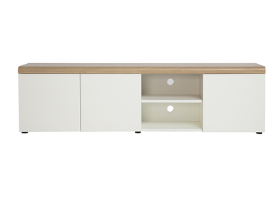 Mobile TV scandinavo bianco con finitura legno chiaro e vani contenitore L180 cm LEANA