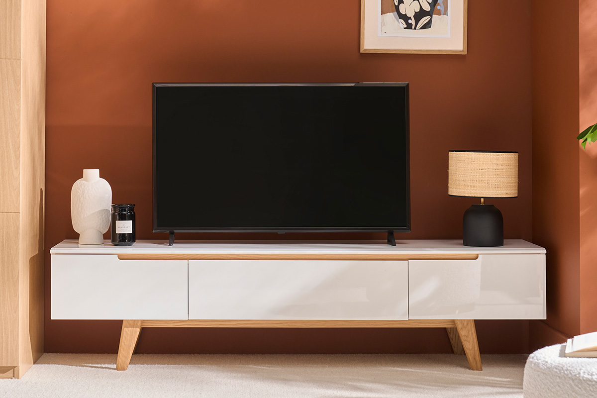 Mobile TV scandinavo bianco lucido e frassino 180cm MELKA