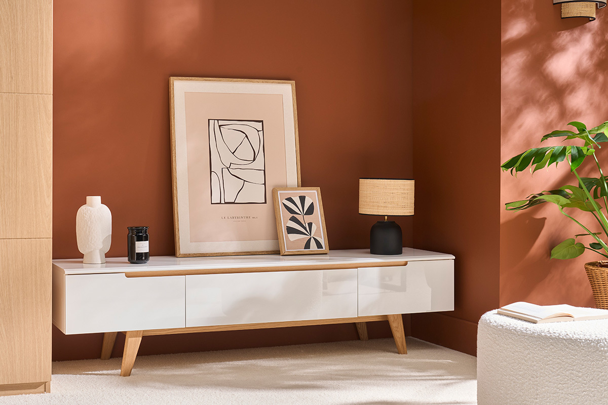 Mobile TV scandinavo bianco lucido e frassino 180cm MELKA