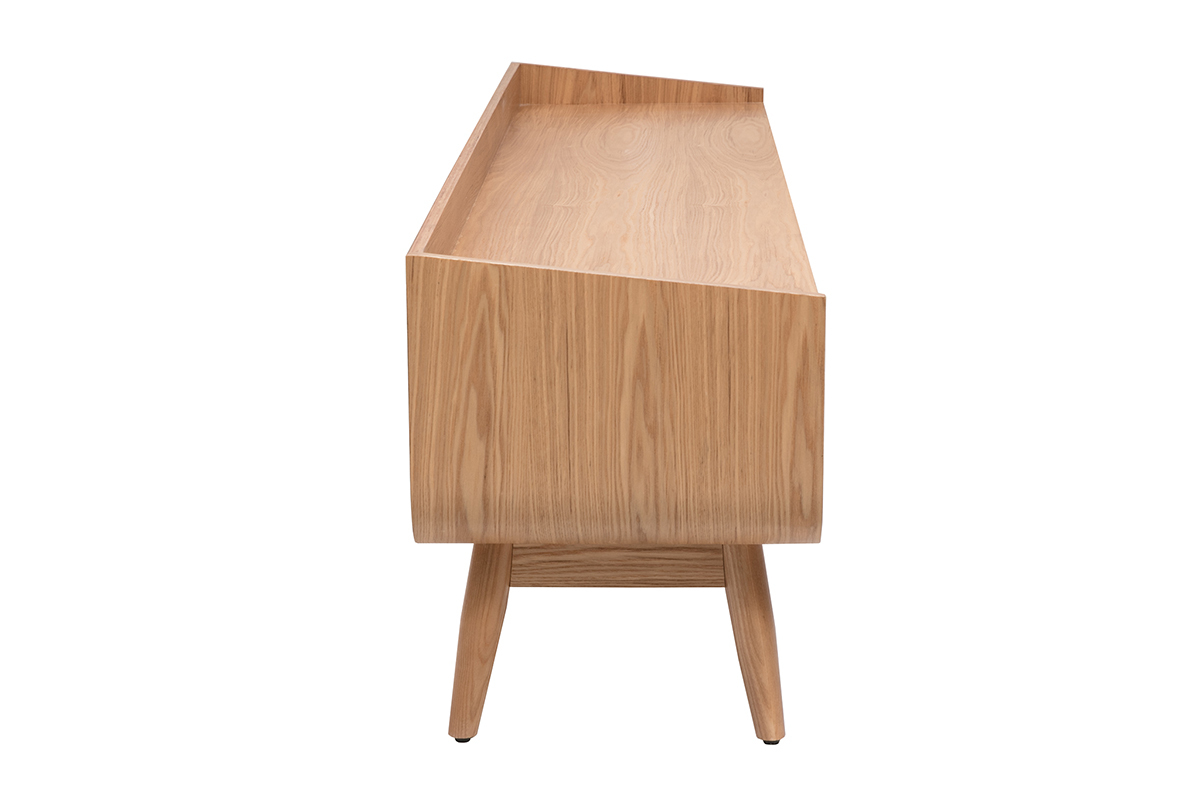 Mobile TV scandinavo in legno chiaro, vista di profilo, lunghezza 200 cm, con piedini affusolati.